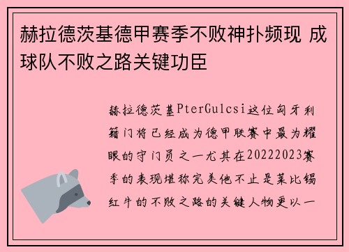 赫拉德茨基德甲赛季不败神扑频现 成球队不败之路关键功臣 赫拉德茨基德甲赛季不败神扑频现 成球队不败之路关键功臣
