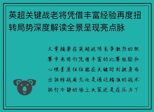 英超关键战老将凭借丰富经验再度扭转局势深度解读全景呈现亮点脉